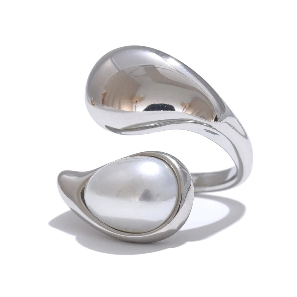 Fashion Imitation Pearl Water Drop Finger Ring Women 316L Stainless Steel Elegant Gold Platinum Plated Jewelry by PoisedMe
