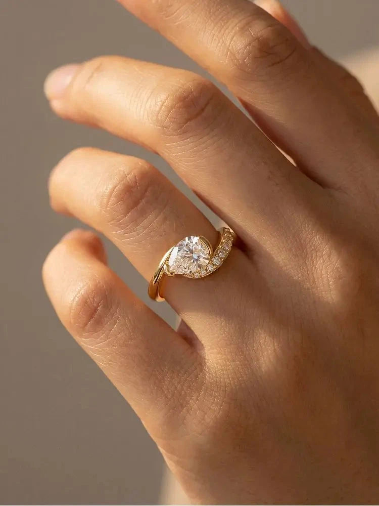 925 Sterling Silver Sparkling Water Drop Interweaving Dazzling Clear Pear CZ Finger Rings For Women Gift Wedding Fine Jewelry by PoisedMe