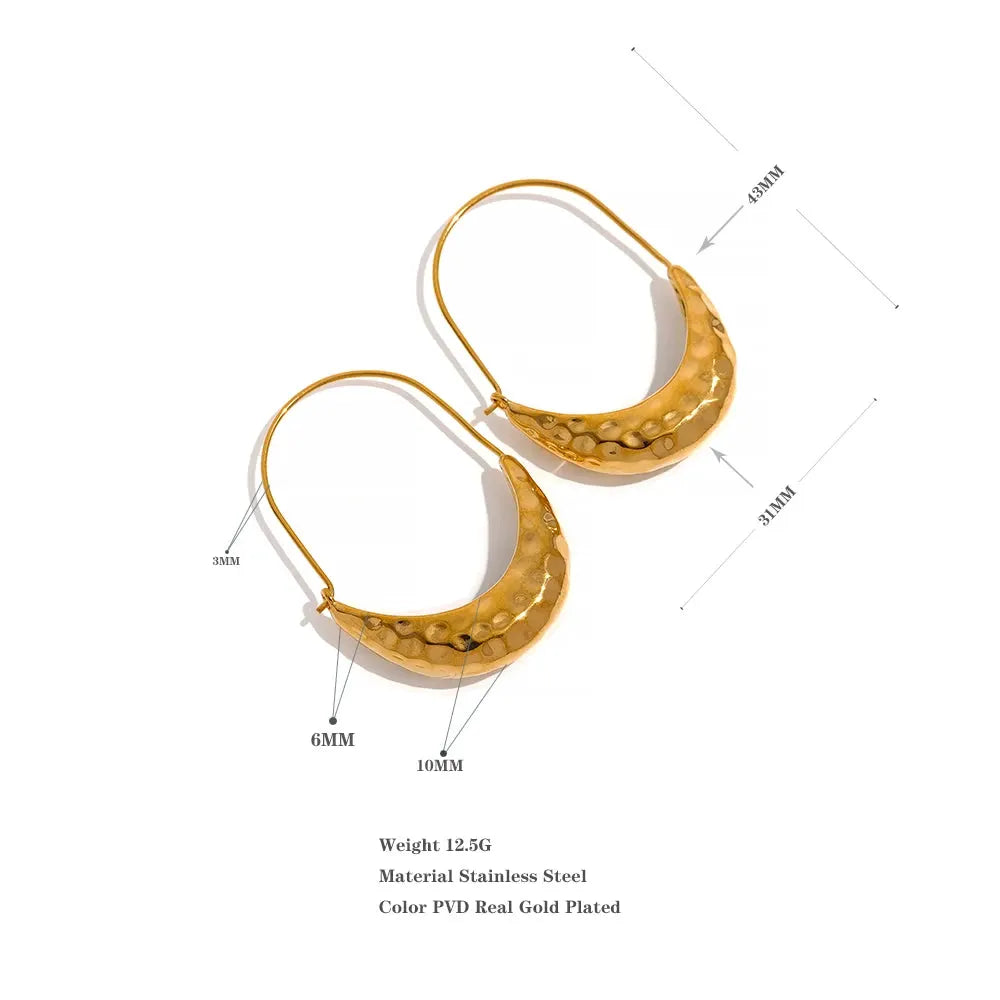 PoisedMe Golden Stainless Steel Drop Dangle Hoop Earrings Ear Hook Tarnish Free Minimalist Metal Texture Women Fashion Jewelry -