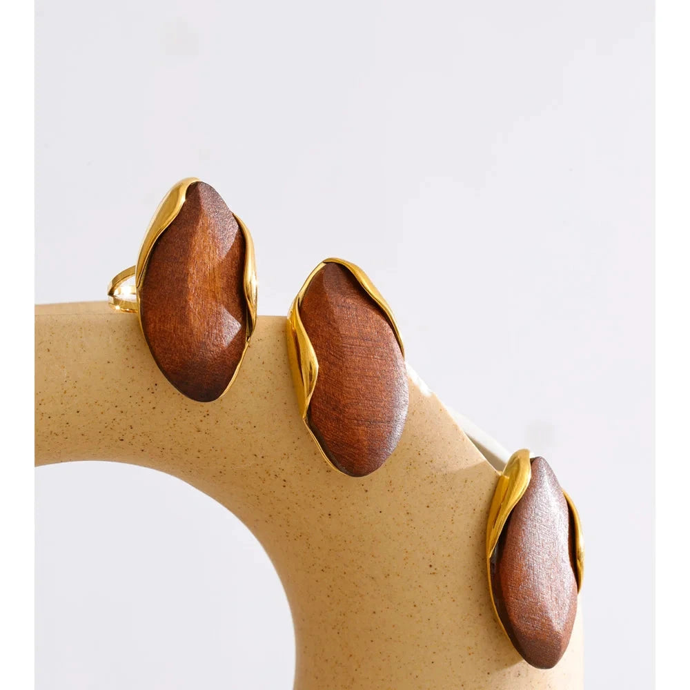 Hot Style Stainless Steel Wood Trendy Geometric Stud Earrings Ring Set 18K Golden Plated Popular Fashion 2025 Jewelry Gift by PoisedMe