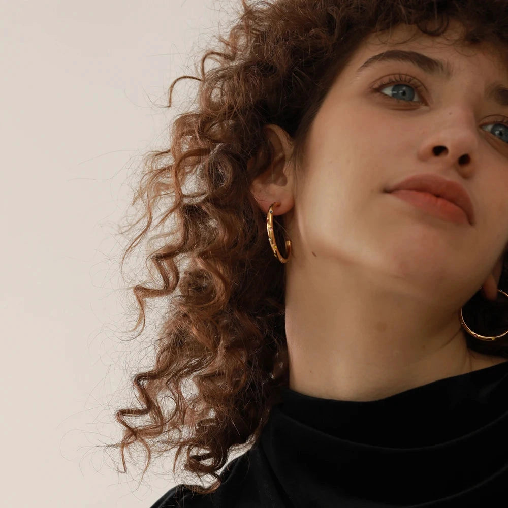 Stainless Steel Round Circle Big Hoop Earrings Delicate Cubic Zirconia Fashion PVD-18k-Plated Geometric Golden Earrings by PoisedMe