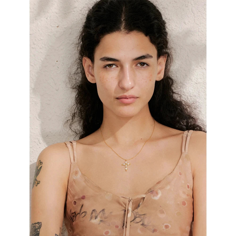 Delicate Shiny Cubic Zirconia Cross Necklace Pendant Stainless Steel Temperament Premium Jewelry High Quality by PoisedMe