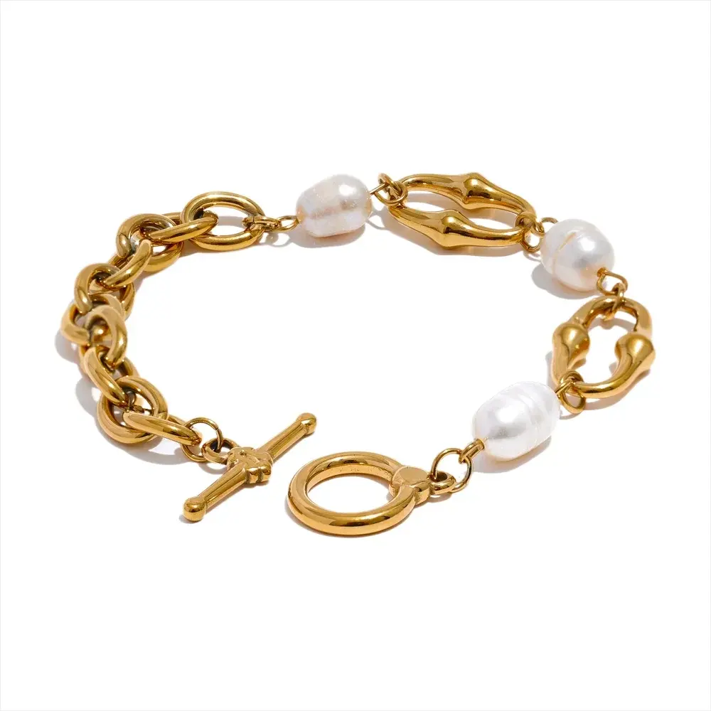 PoisedMe High-Grade Natural Freshwater Pearls Metal Chain Fashion Necklace Trendy 18K PVD Plated Attractive Women Jewelry Gift -