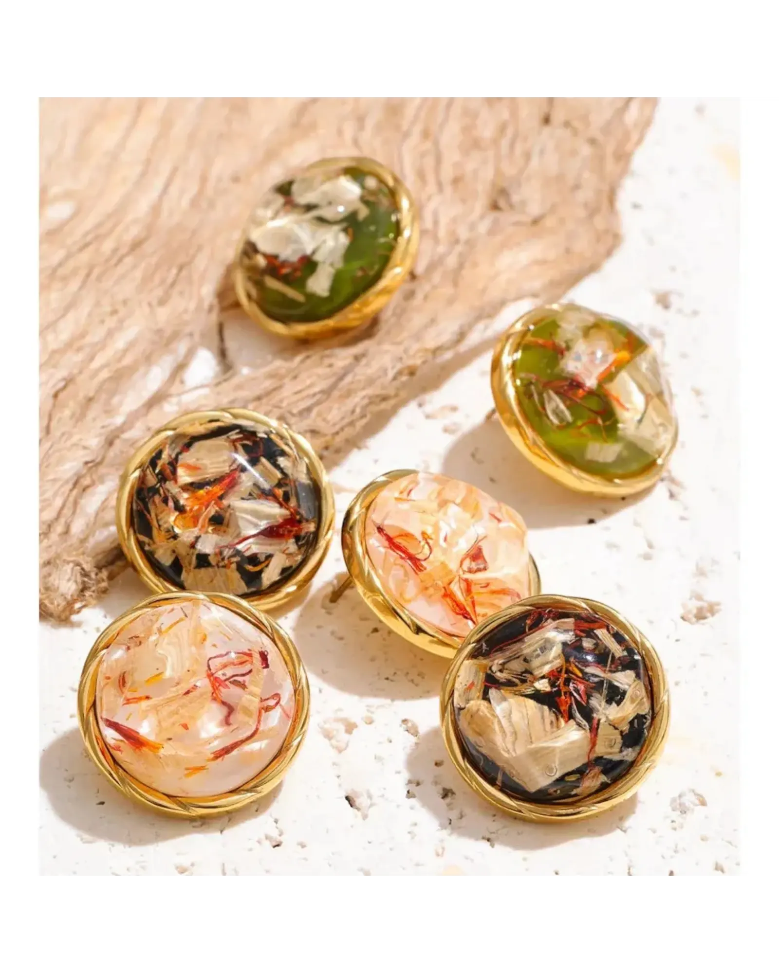 Resin Round Stud Earrings 18K Gold PVD Plated Stainless Steel Waterproof by Poised Me Jewelry Studio