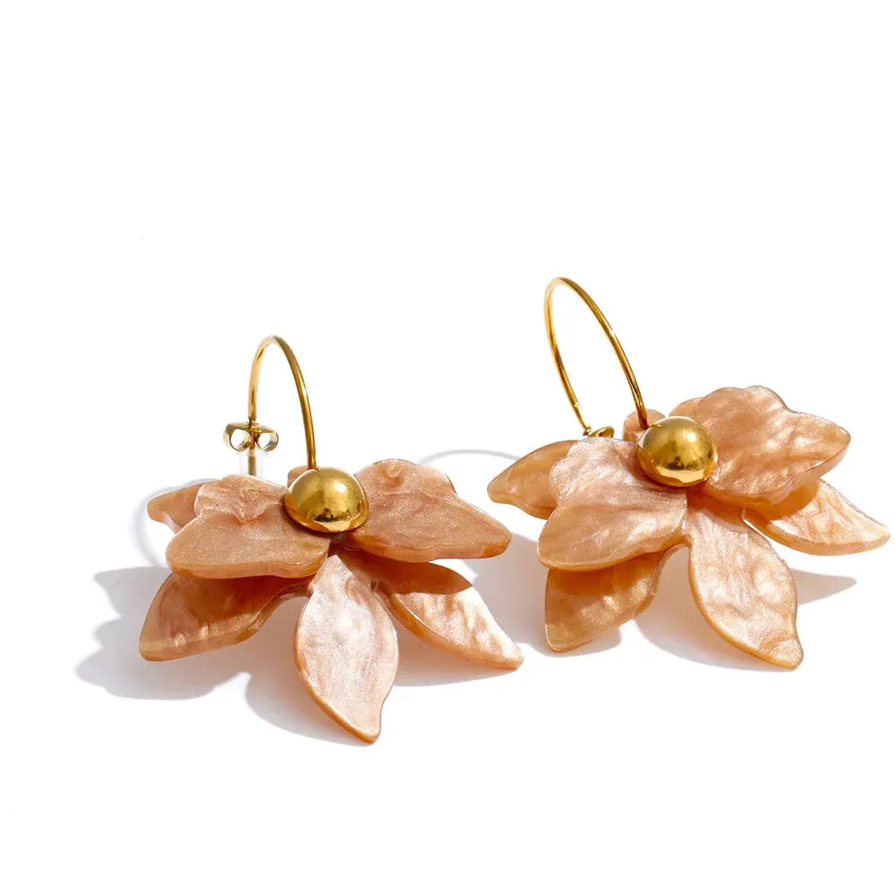 PoisedMe Mutil-color Acrylic Flower Petal Drop Earrings Stainless Steel Golden Young Charming Jewelry Waterproof -