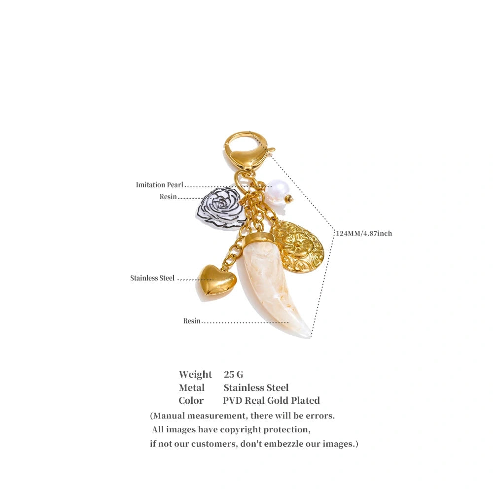 Fashion Resin Flower Heart Horn Chain Pendant Key Chain for Women Stainless Steel Lanyard Key Ring Bag Accessories by PoisedMe