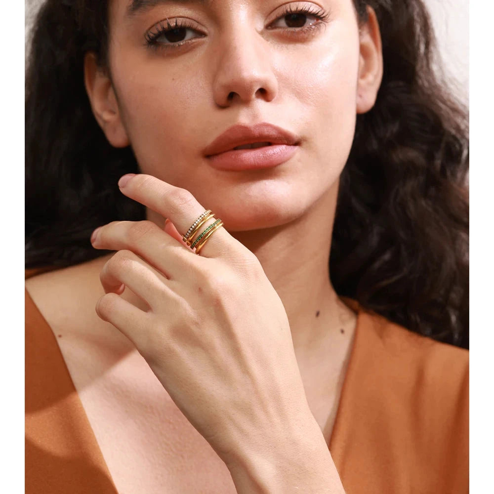 White & Green Zirconia 4-Layer Stacked Ring – 18K Gold PVD Plated Stainless Steel Modern Statement Jewelry by PoisedMe