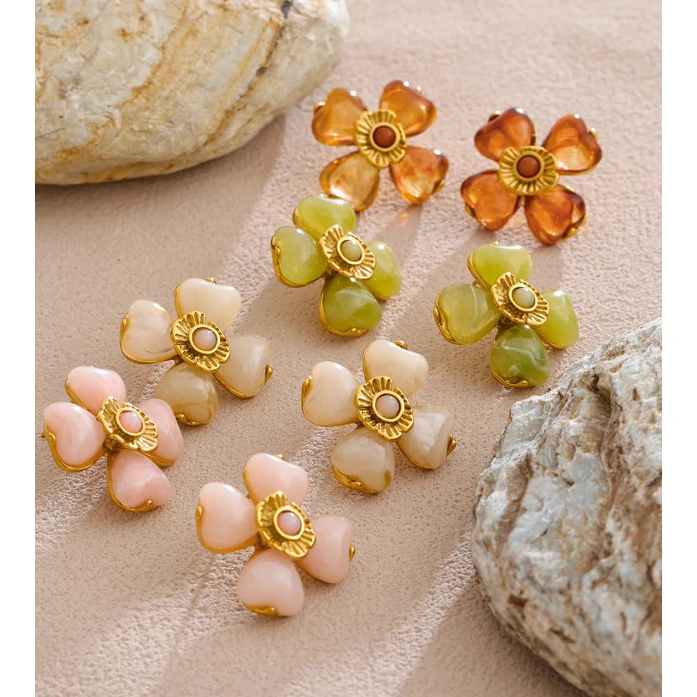 Acrylic Fashion Flower Pendant Necklace Adjustable Ring Earrings Set Stainless Steel Trendy Jewelry Gift Multi-color by PoisedMe