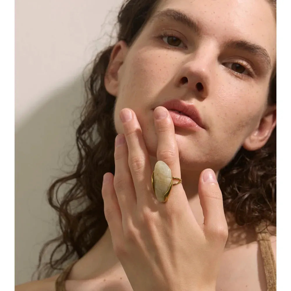 PoisedMe Brown Green Beige Resin Geometric Adjustable Ring Golden PVD Stainless Steel Rust Proof Finger Jewelry Gift -