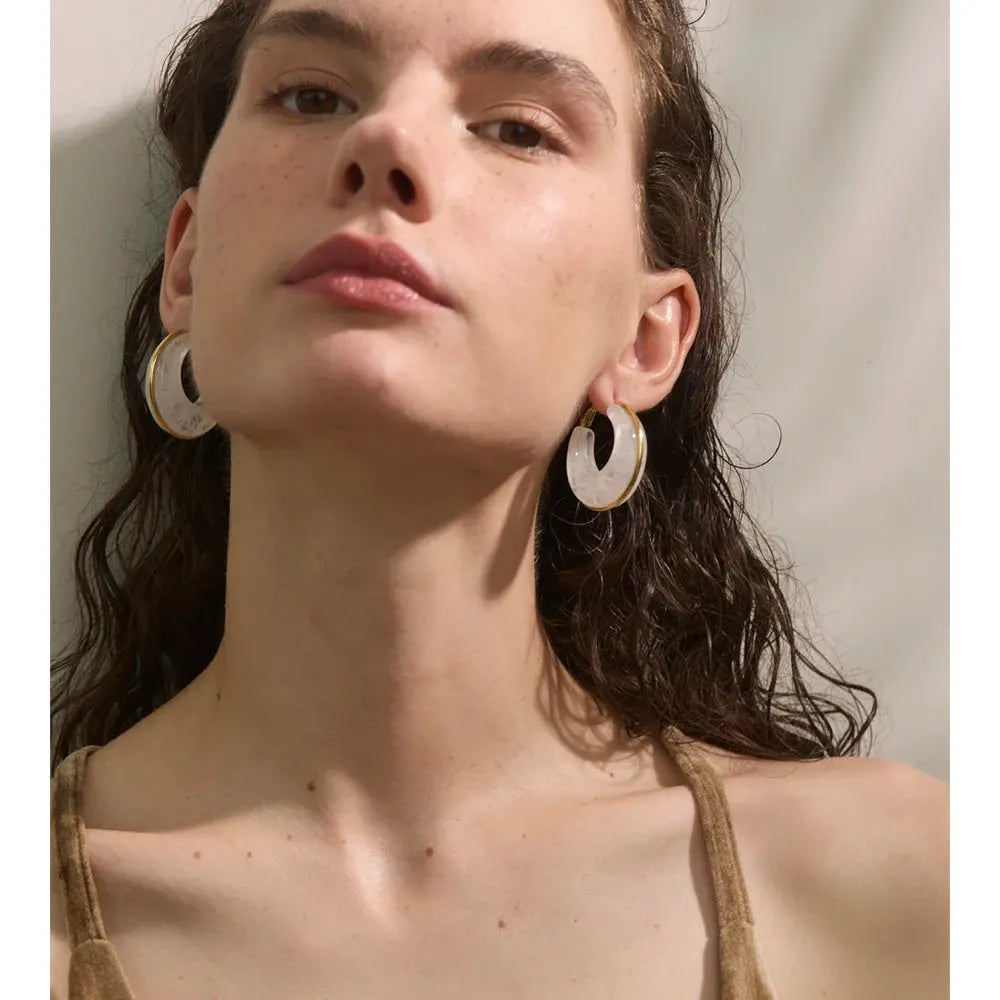 PoisedMe White Green Black Pink Brown Acetate Acrylic Chunky Hoop Earrings Daily Stainless Steel Trending Ear Jewelry Accessories -