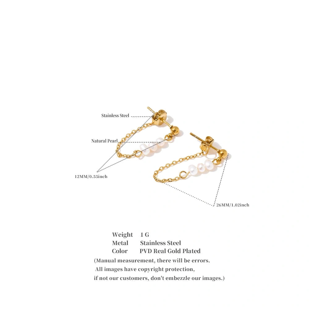 PoisedMe Yhpup 2025 Stainless Steel Natural Pearls Chain Tassel Drop Dangle Earrings for Women Popular Fashion Daily Korean Jewelry -