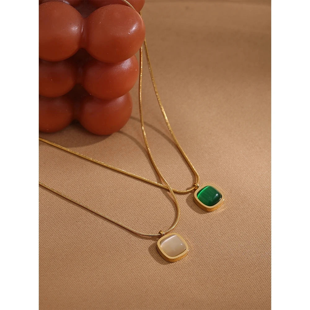 Square Green Opal Stone Pendant Drop Dangle Necklace for Women Charm Jewelry Minimalist Geometric Stainless Steel Necklace by PoisedMe