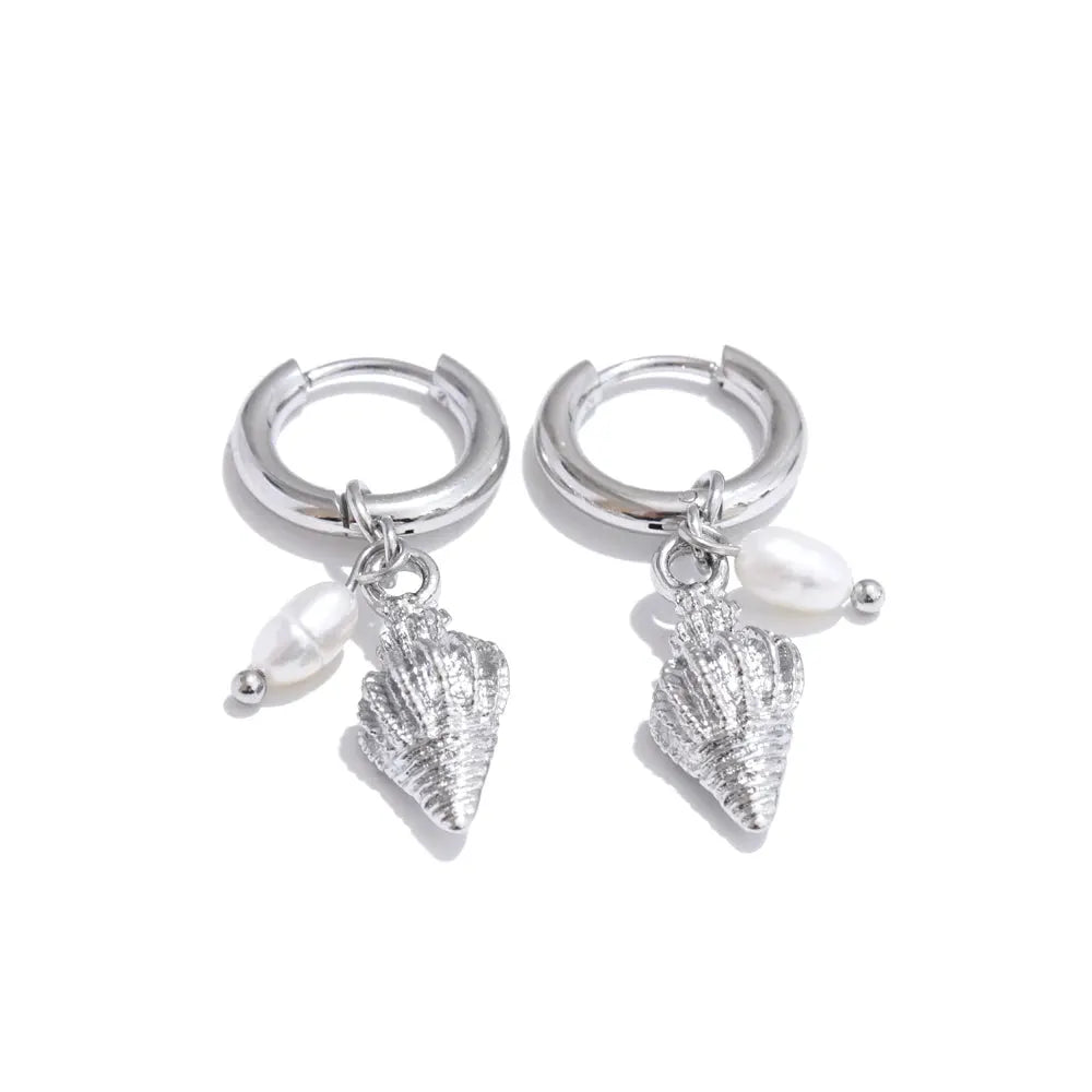 PoisedMe Ocean Style Natural Pearl Conch Shell Starfish Drop Summer Hoop Earrings for Women Stainless Steel Holiday Daily Jewelry -