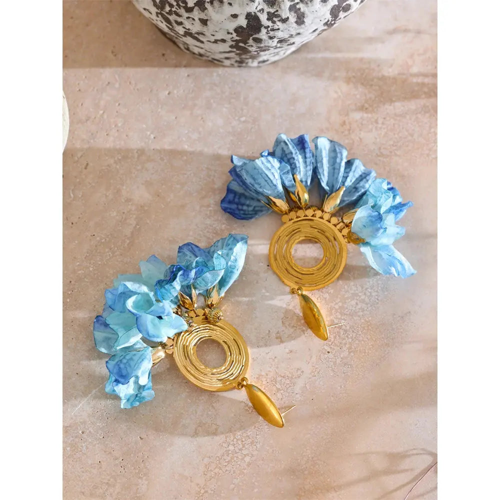 PoisedMe Spring Summer Fashion Bohemian Blue Cloth Flower Drop Earrings Exclusive Stainless Steel Handmade Fairy Jewelry -