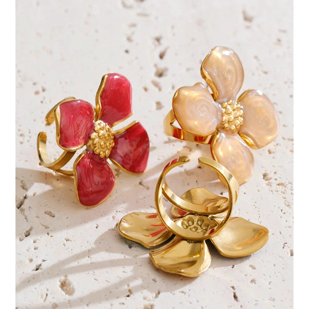 Colorful Metal Flower Petal Charm Open Adjustable Ring for Women Stainless Steel Trendy Cheap Finger Jewelry by PoisedMe