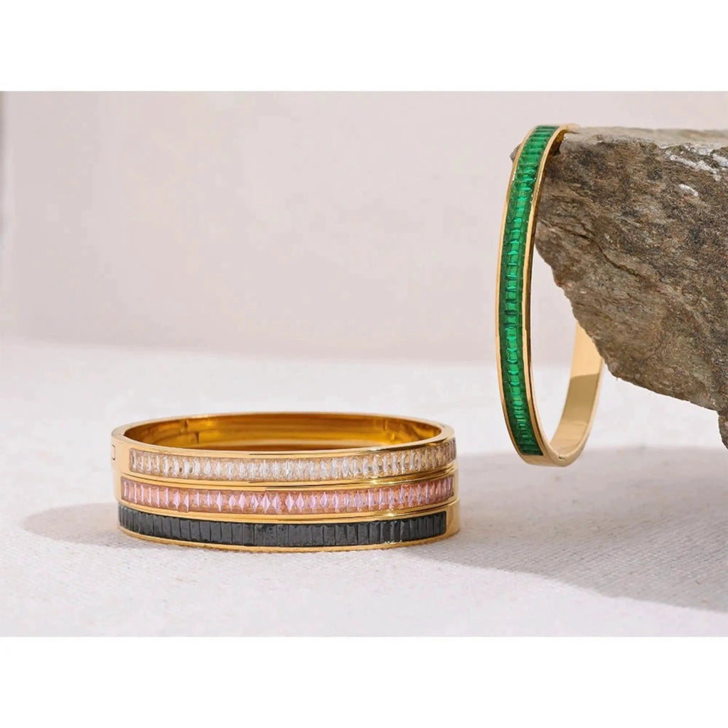 PoisedMe Emerald Green Cubic Zirconia Bangle Bracelet For Women 18K Gold Plated Steel - Bracelets