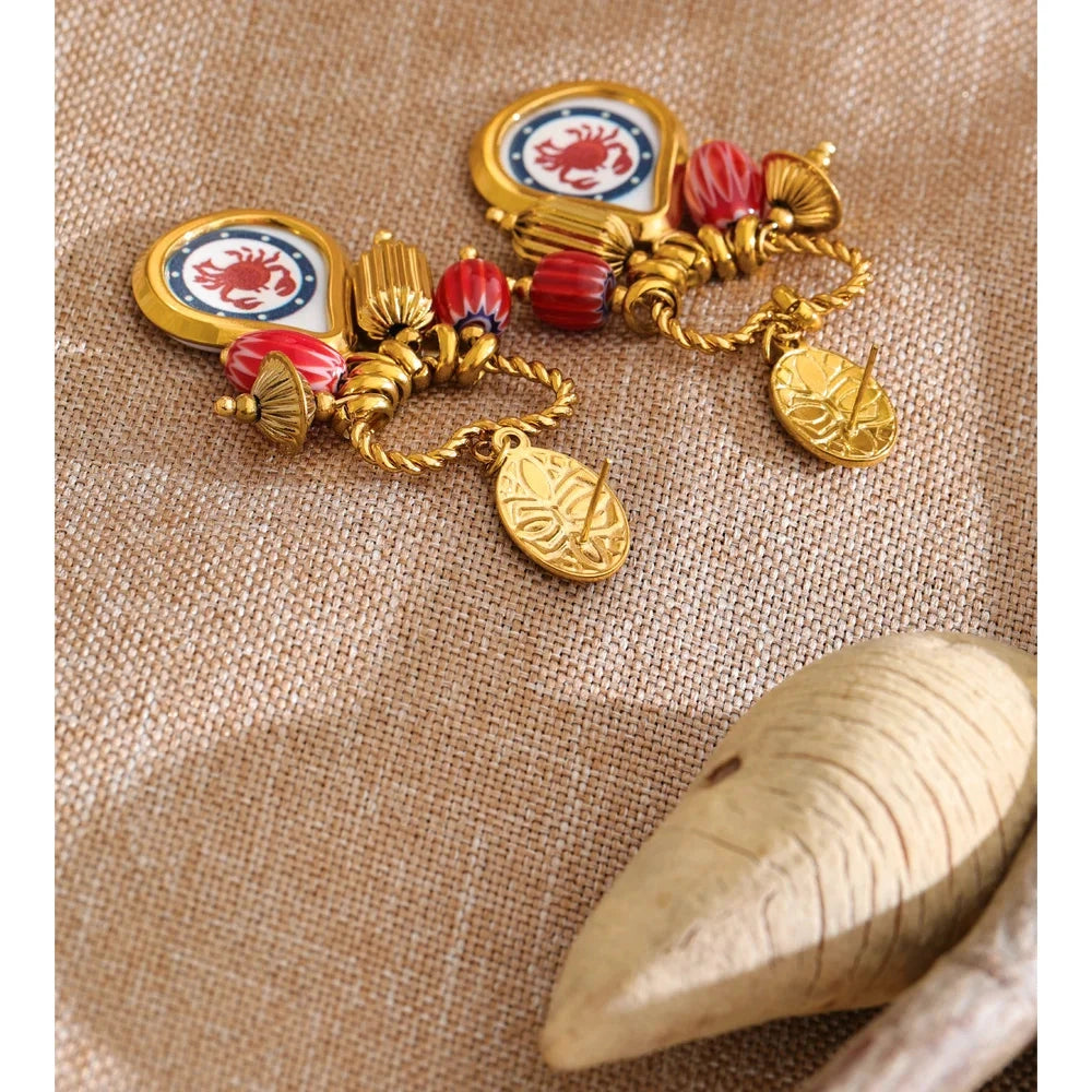 Stainless Steel Heart Enamel Crab Drop Earrings 18K Golden PVD Plated 2026 Exclusive Design Ceramics Charm Ear Jewelry by PoisedMe