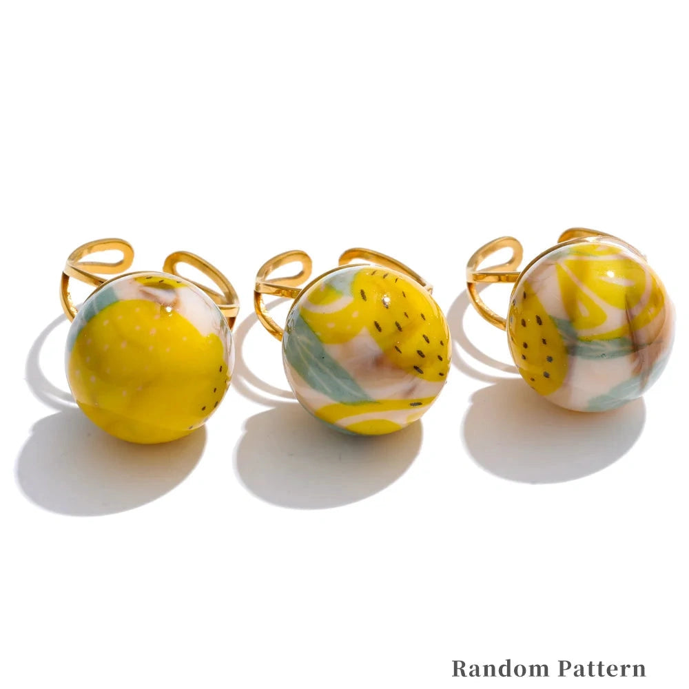 Candy Enamel Round Strawberry Pineapple Cherry Open Ring Adjustable Stainless Steel Exquisite Fashion Jewelry by PoisedMe