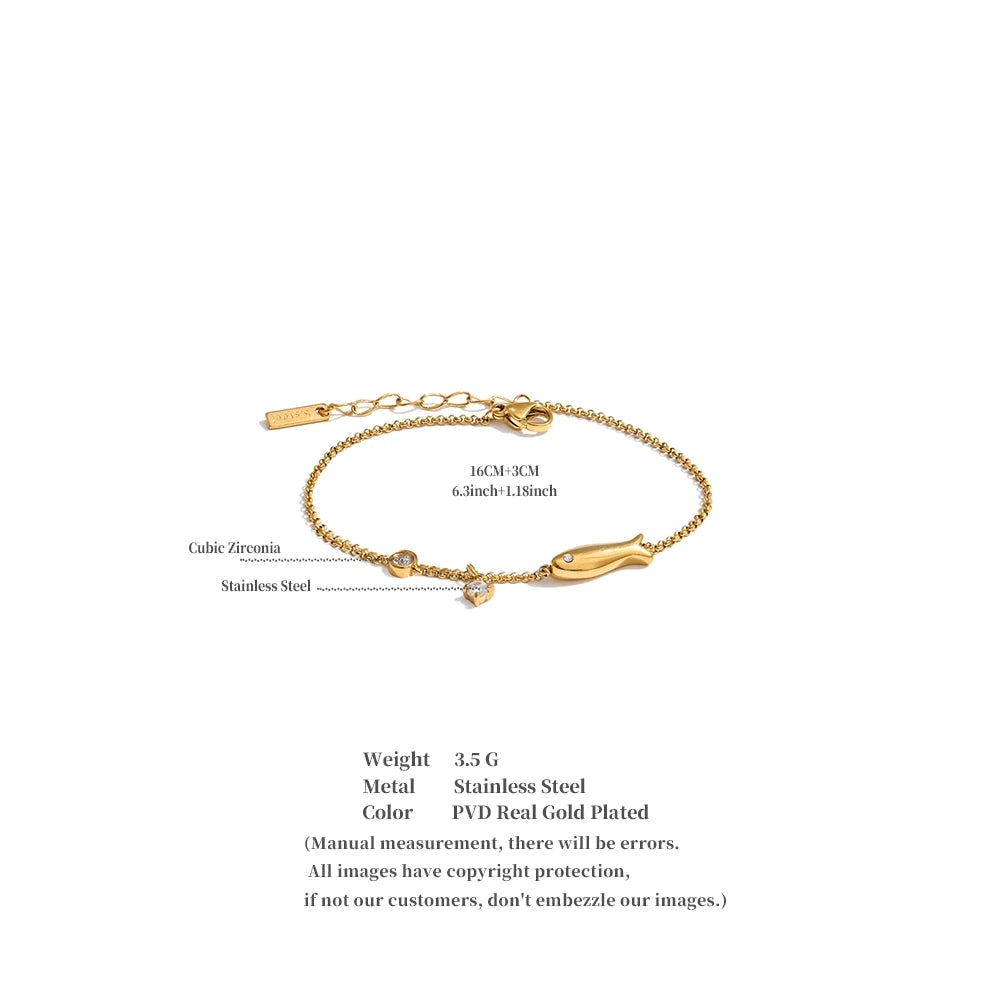 Stainless Steel Zirconia Fish Chain Bracelet Bangle Waterproof PVD Plated Ocean Series Summer Fashion Thin Jewelry by PoisedMe