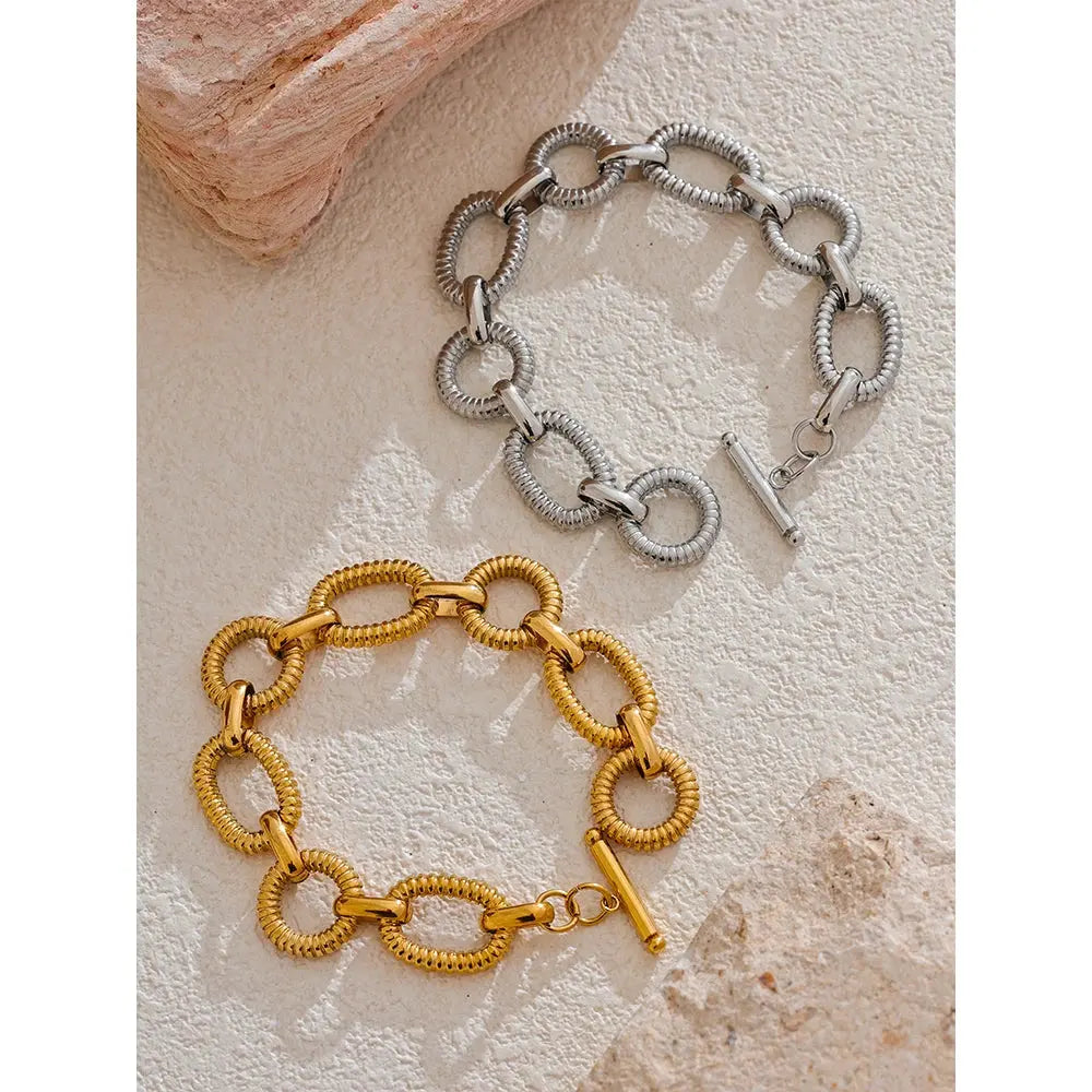 PoisedMe 316L Stainless Steel Metal Texture Oval Chain Bracelet Bangle Men Women 18K PVD Plated Toggle-Clasps Statement Jewelry -