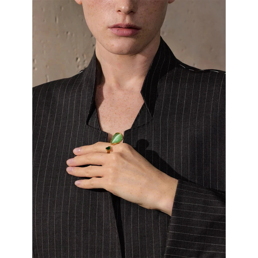 Green Natural Stone Zirconia Water Drop Geometric Golden Ring for Women Stainless Steel Stylish Jewelry Gift by PoisedMe