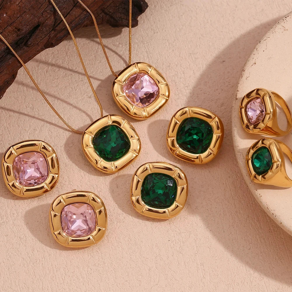 Rounded Square 18K Gold Plated Stainless Steel Zircon Necklace Earring Ring Women's Fashionable Waterproof Jewelry by PoisedMe