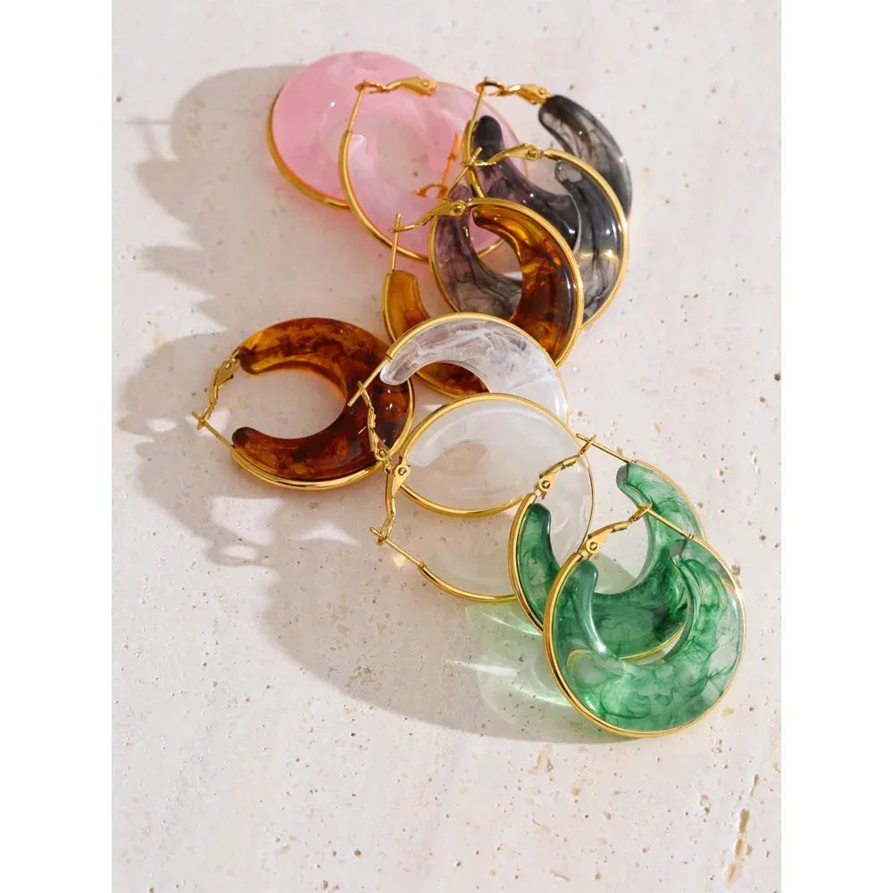 PoisedMe White Green Black Pink Brown Acetate Acrylic Chunky Hoop Earrings Daily Stainless Steel Trending Ear Jewelry Accessories -