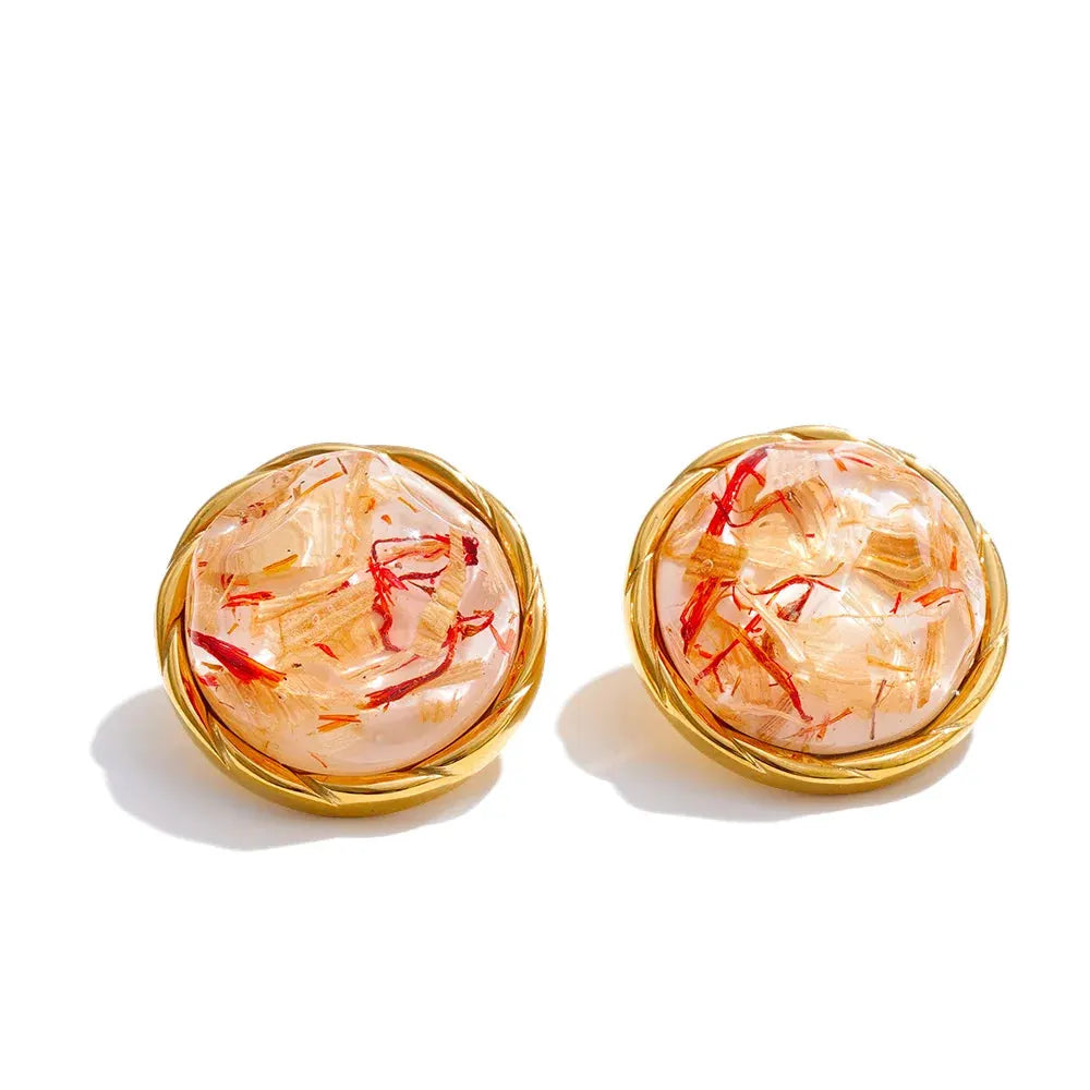 PoisedMe 3 Color Stainless Steel Resin Round Stud Earrings Golden PVD Waterproof Plated Fashion Daily Korean Jewelry Earrings -