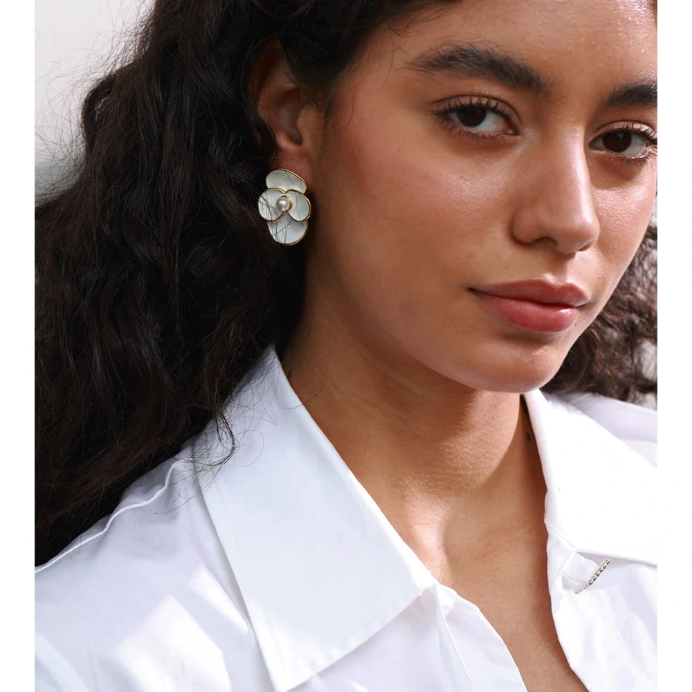 White Enamel Pearls Flower Stud Earrings for Women Golden Stainless Steel Daily Fashion Jewelry Recommend Gift by PoisedMe