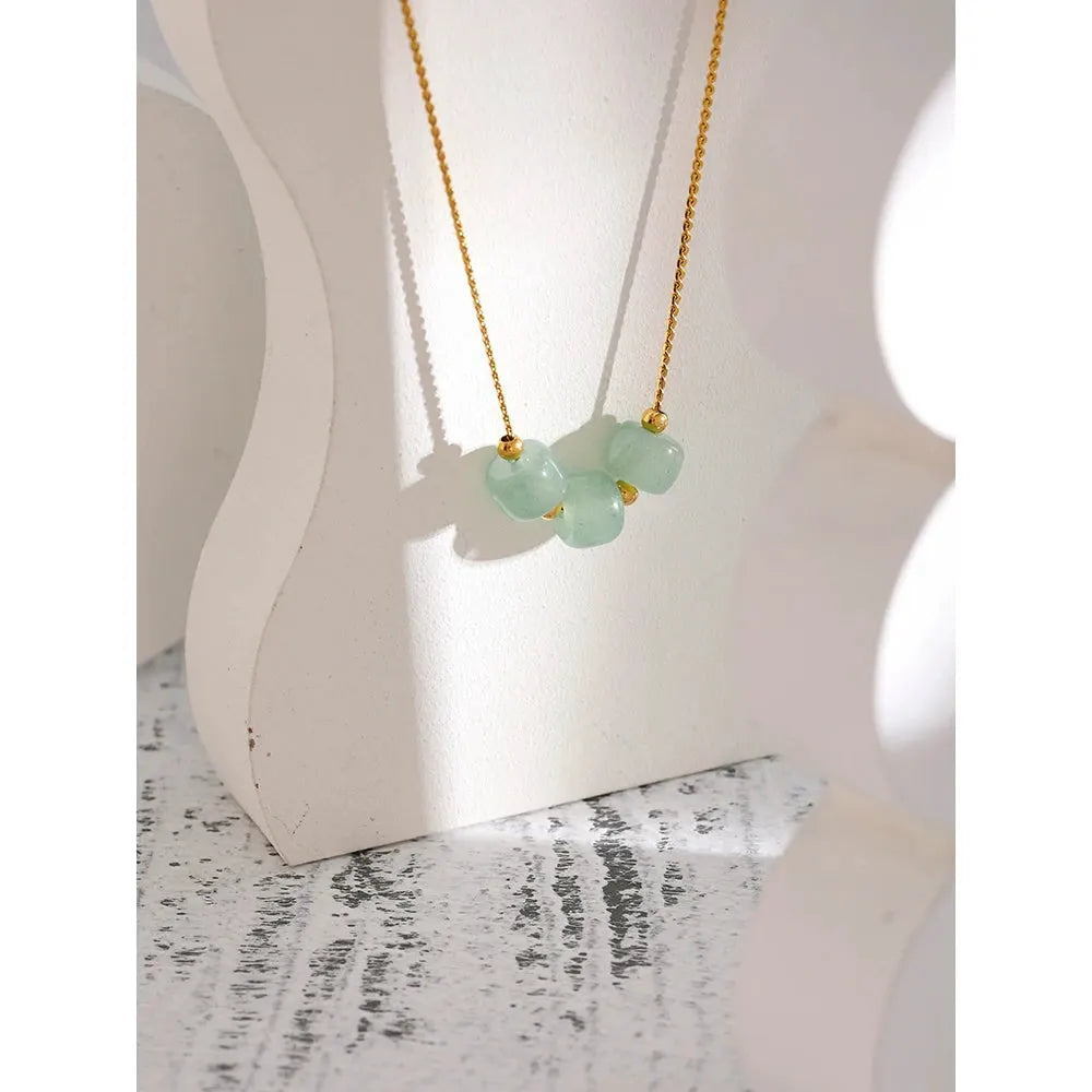 PoisedMe Stainless Steel Green Aventurine Pendant Necklace Stylish 18 K Plated Metal Collar Necklace бежутерия женская колье Gift -