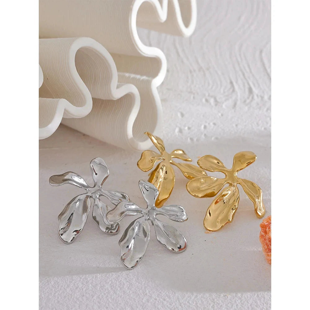 Stainless Steel Big Flower Plant Stud Earrings Metal Waterproof 18K PVD Plated Trendy Statement Jewelry Women Gala Gift by PoisedMe