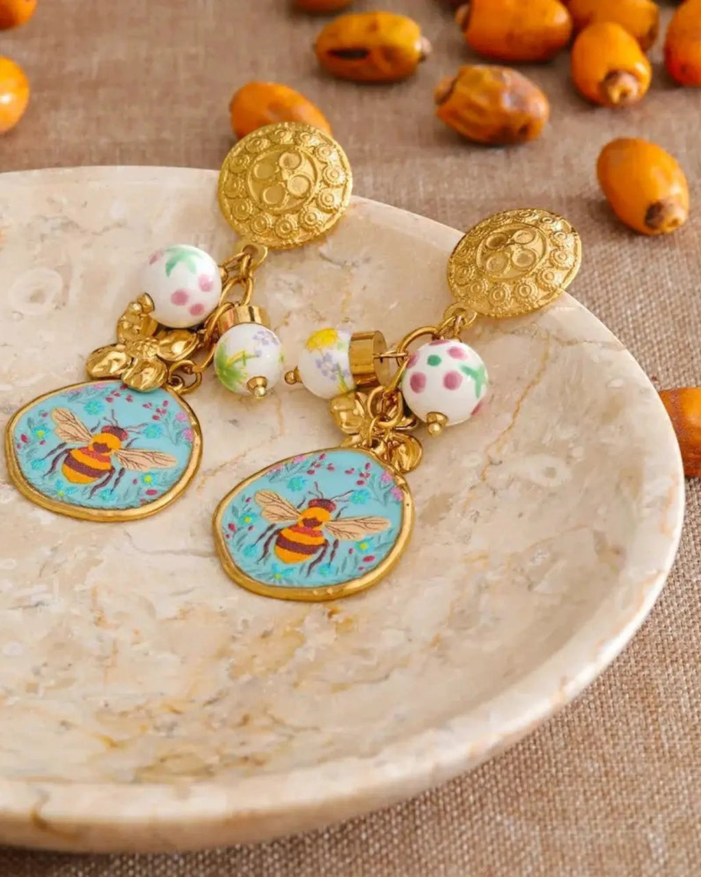 Ceramic Flower Honeybee Drop 18K Gold PVD Plated Stainless Steel Earrings by Poised Me Jewelry Studio