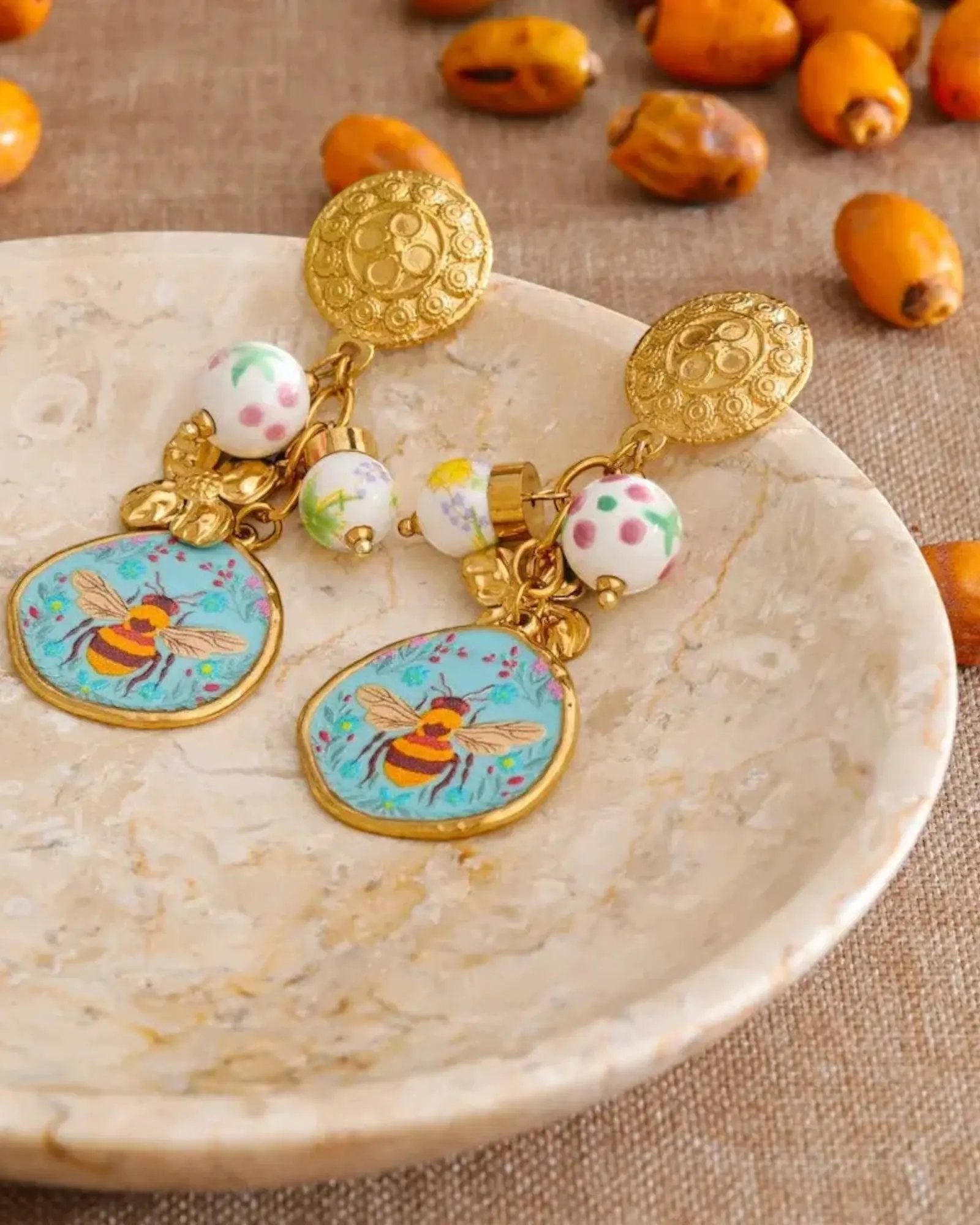 Ceramic Flower Honeybee Drop 18K Gold PVD Plated Stainless Steel Earrings by Poised Me Jewelry Studio