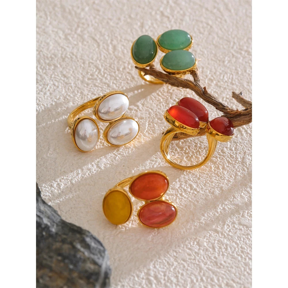 Natural Aventurine Agate Shell Pearl Flower Adjustable Stainless Steel Ring by PoisedMe