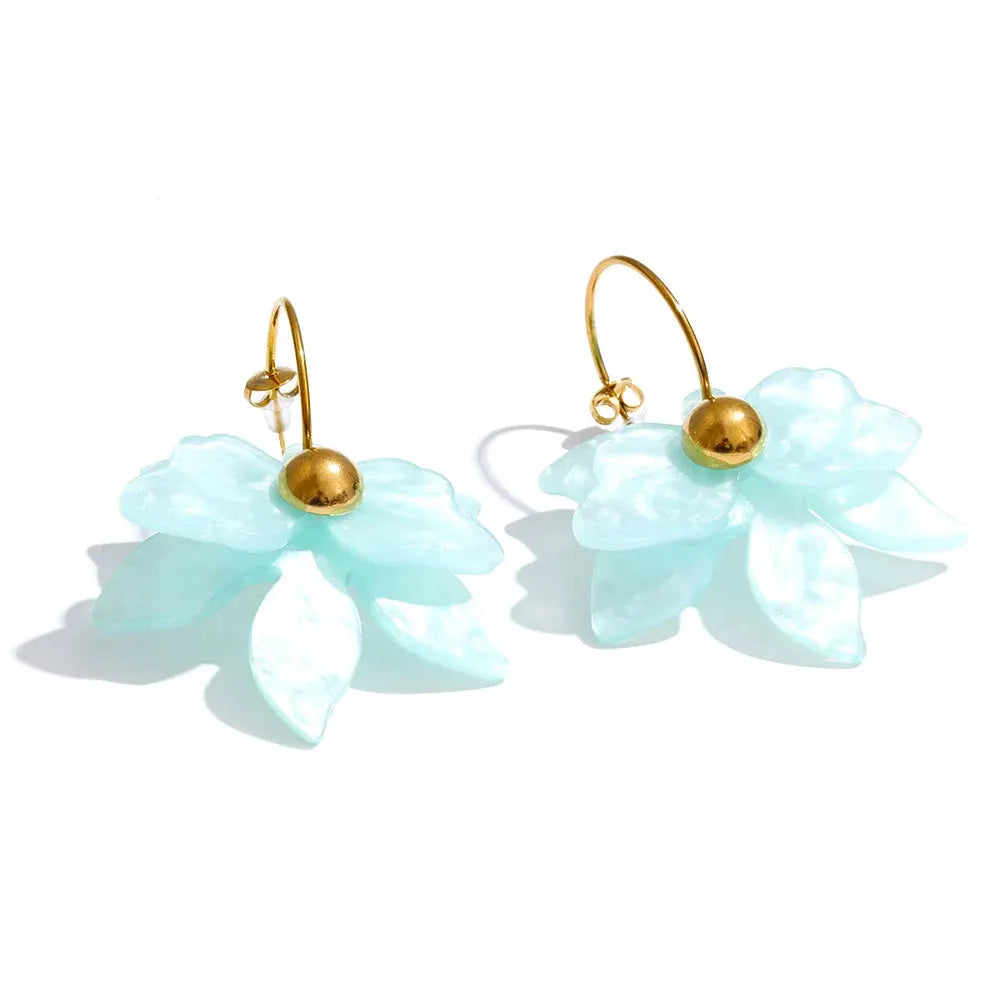PoisedMe Mutil-color Acrylic Flower Petal Drop Earrings Stainless Steel Golden Young Charming Jewelry Waterproof -