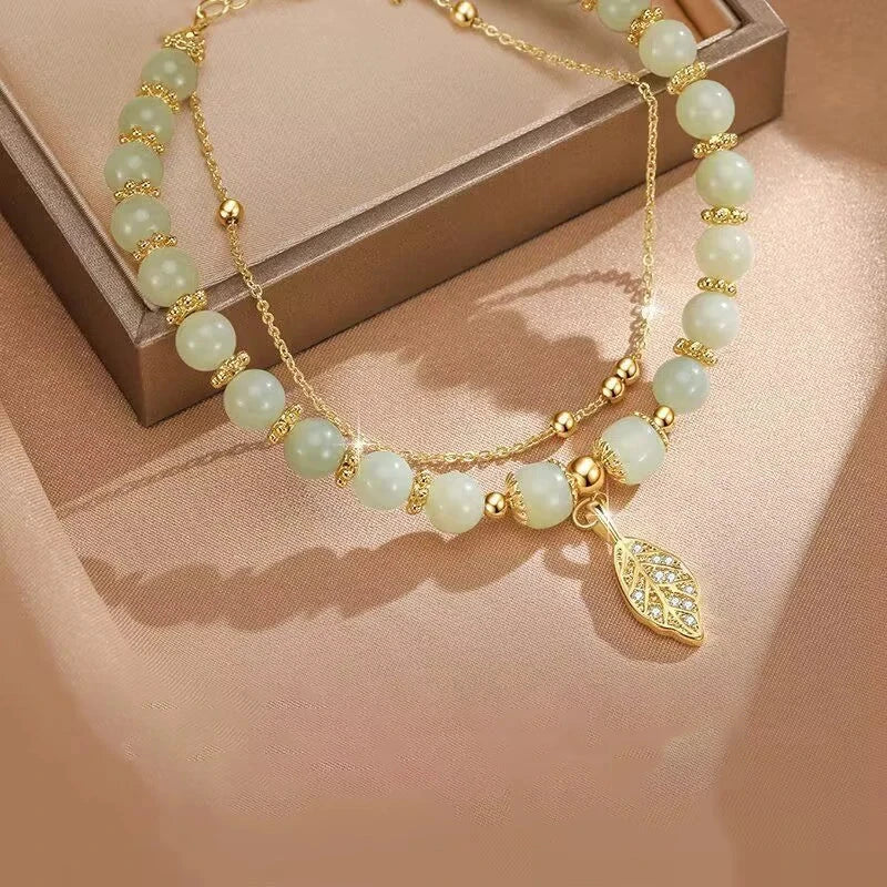 Chinese Style Green Jade Bracelet For Women Exquisite Gold Color Leaves Wrist Strap Bangle Double Chain Bracelet Girls Gifts by PoisedMe