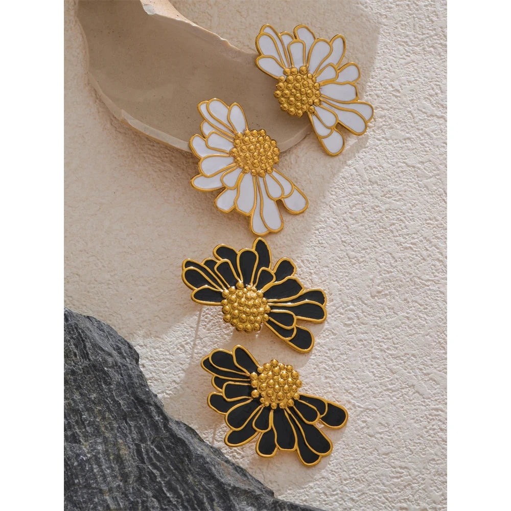 Big White Black Enamel Flower Statement Fashion Stud Earrings 18K Gold Color PVD Plated Stainless Steel Jewelry Gift by PoisedMe