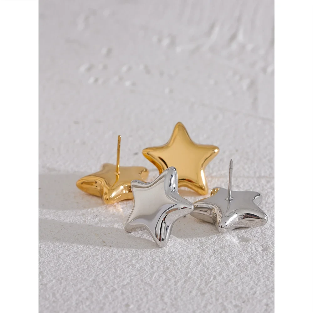 Trendy Stainless Steel Star Small Stud Earrings Metal Texture Cute 18K Gold Plated Rust Proof Jewelry Accessories Gift by PoisedMe