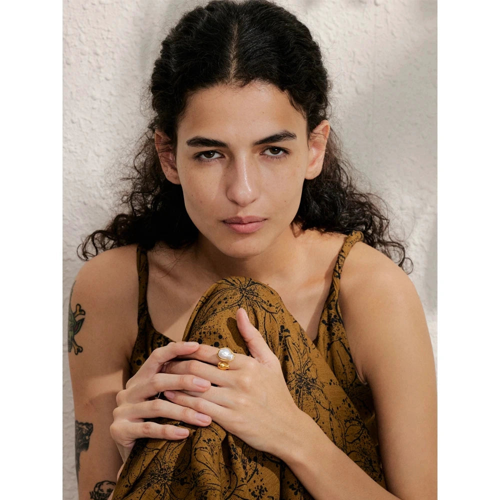 18K Golden PVD Plated Stainless Steel Cast Finger Open Artificial Baroque Pearl Ring Rust Resistant Fashion Jewelry by PoisedMe