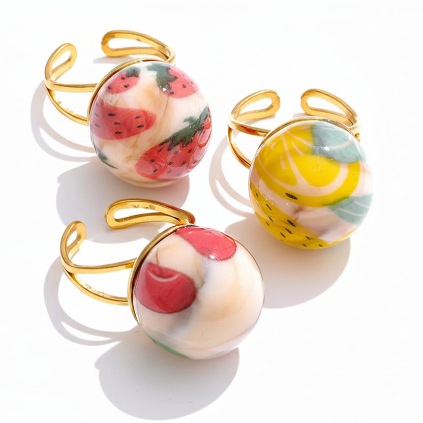Candy Enamel Round Strawberry Pineapple Cherry Open Ring Adjustable Stainless Steel Exquisite Fashion Jewelry by PoisedMe