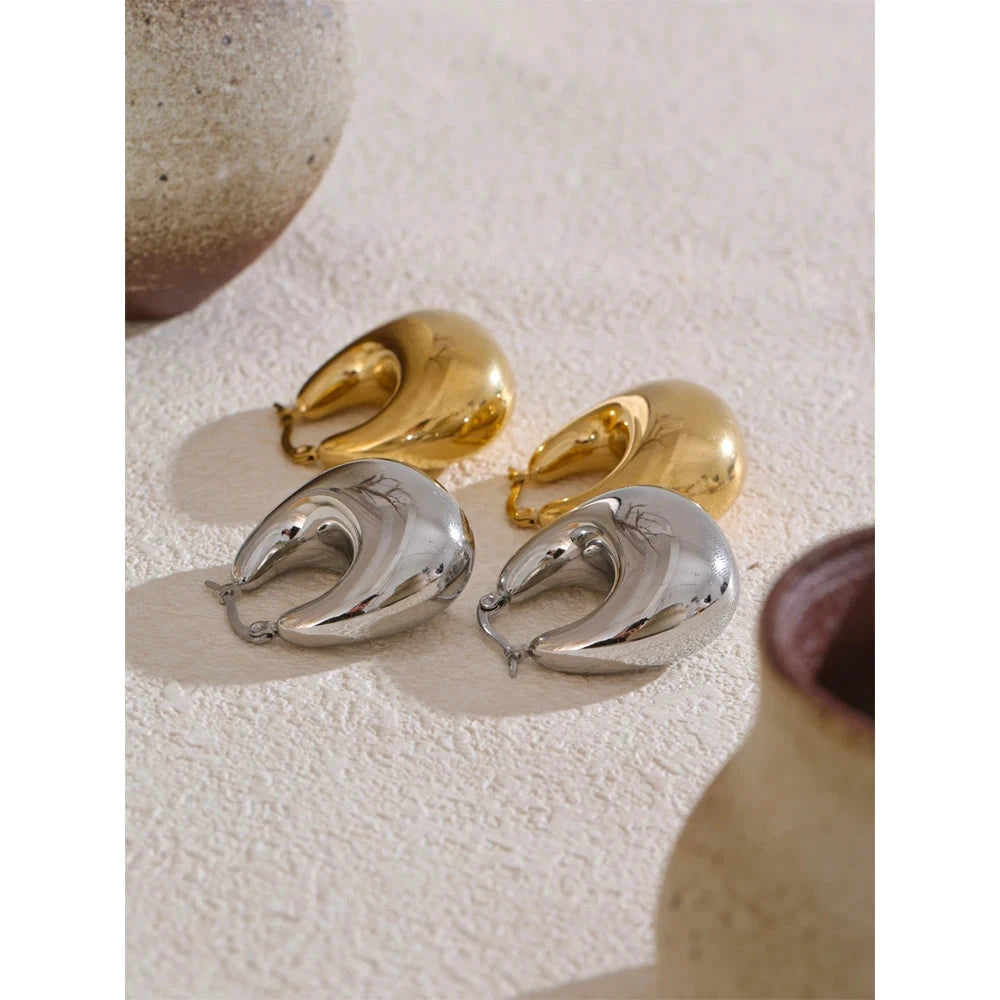 High Quality Stainless Steel Glossy Smooth Metal Chunky Hollow Hoop Earrings Statement PVD Plated Jewelry Recommend by PoisedMe