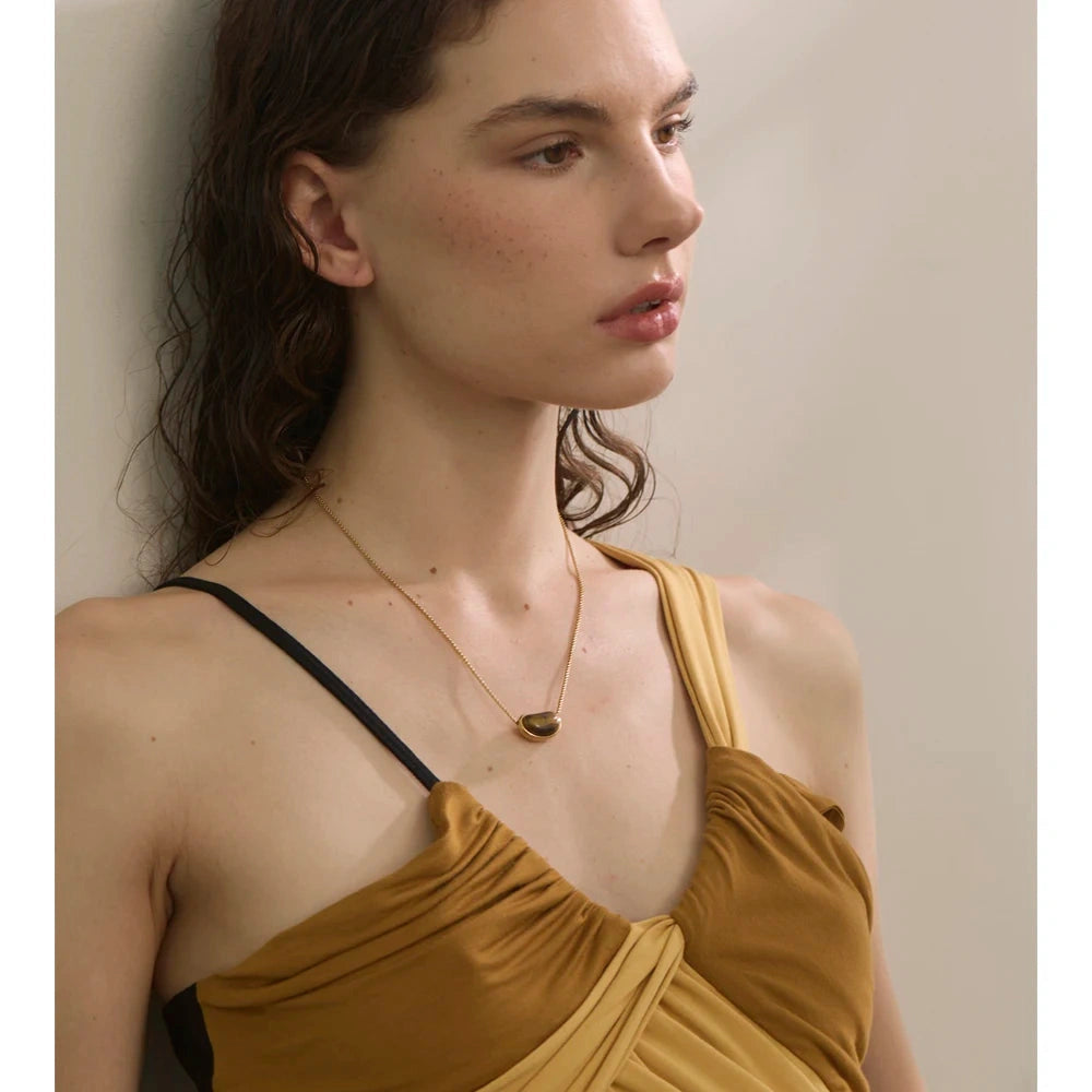 Natural Tiger Stone Oval Pendant Necklace ( chain crossing pendant ) Stainless Steel Collar Jewelry Waterproof Wholesale by PoisedMe