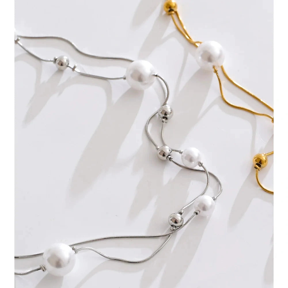 PoisedMe Yhpup 92+5cm Double-Layer Chain Overlay Necklace Stainless Steel 4-Season Jewelry Sweater Chain Accessories Simulated Pearls -
