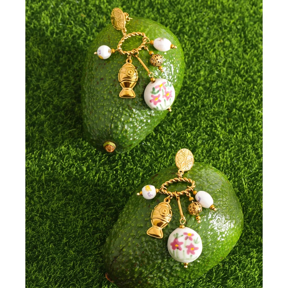 France Stainless Steel Ceramic Flower Fish Drop Charm Earrings Trendy Design New Arrivals 2026 Popular Charm Jewelry Gift by PoisedMe