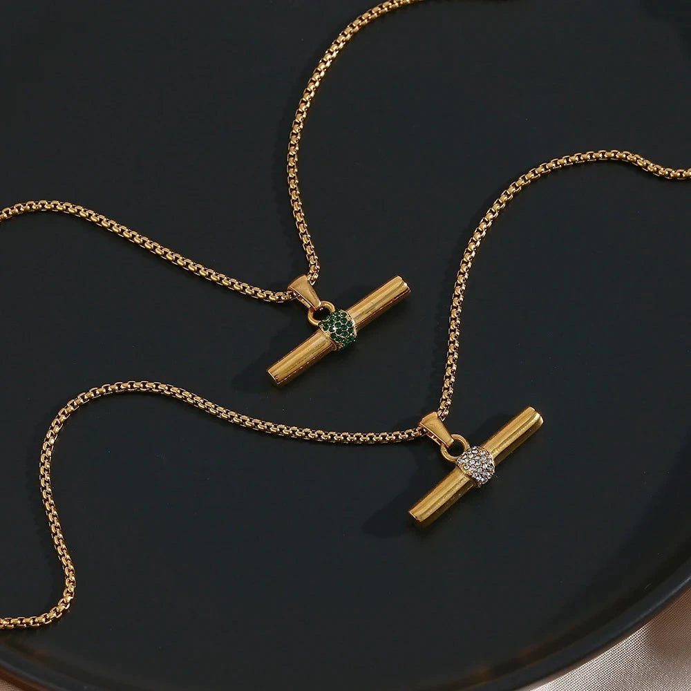 18K Gold Zircon T-Bar Necklace – Modern Waterproof Chain Jewelry by PoisedMe