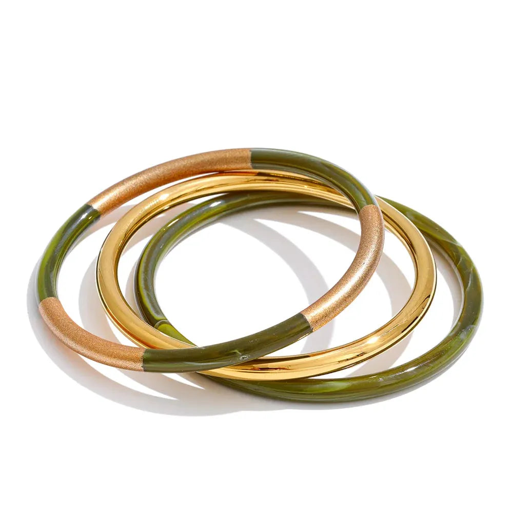 PoisedMe 1Set 65mm 3 Round Circle Resin Overlay Minimalist Bracelet Bangle Set 18K Gold Plated Stainless Steel Wrist Trend Jewelry -