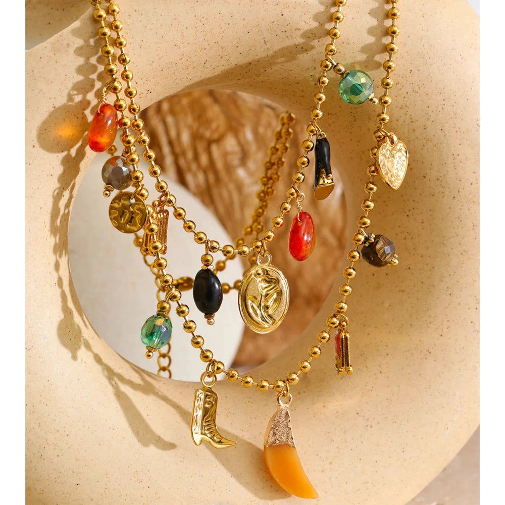 PoisedMe Resin Acrylic Stone Heart Flower High Heels Drop Charms Necklace Stylish Unique Stainless Steel Double-Layer Chain Jewelry -