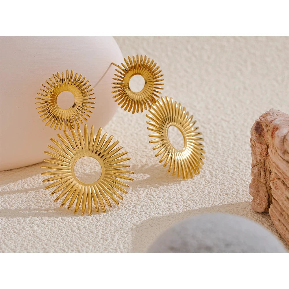 Statement Stainless Steel Sun Flower Drop Waterproof Earrings Rust Proof Metal Gold Color Fashion Personality Jewelry by PoisedMe