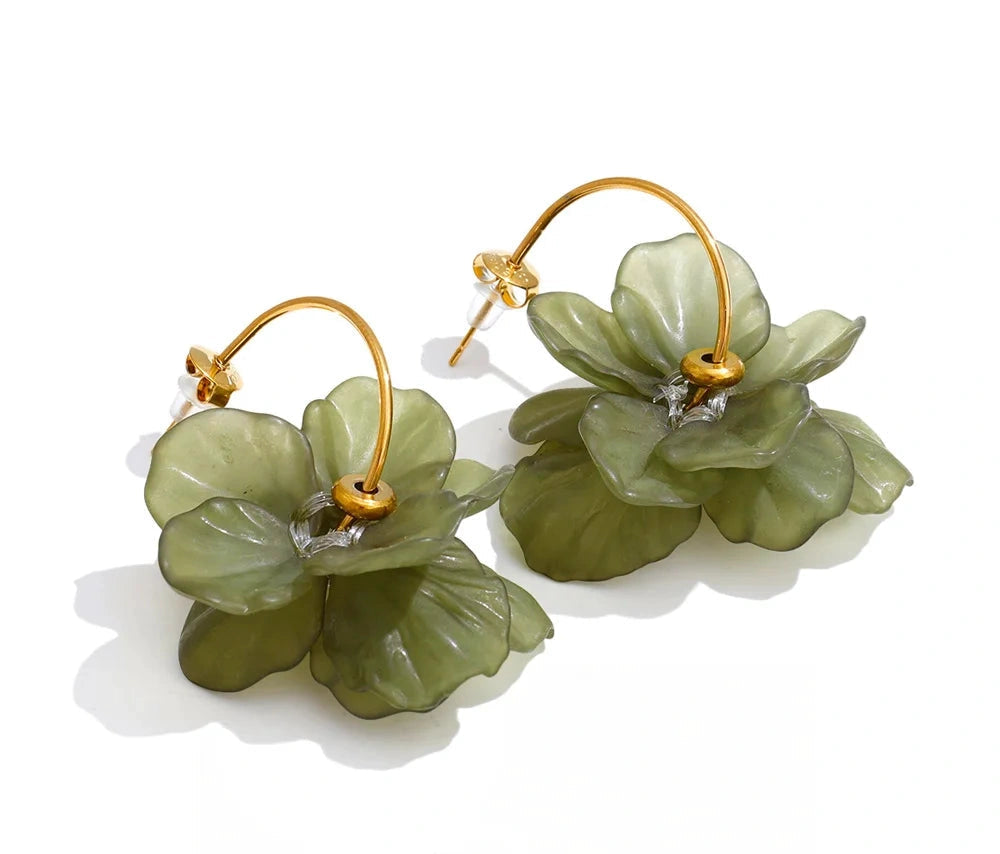 PoisedMe Yhpup Stainless Steel Resin Acrylic Flower Petal Drop Charms Earrings Green Yellow Purple Red White Multi-Color Trendy Jewelry -