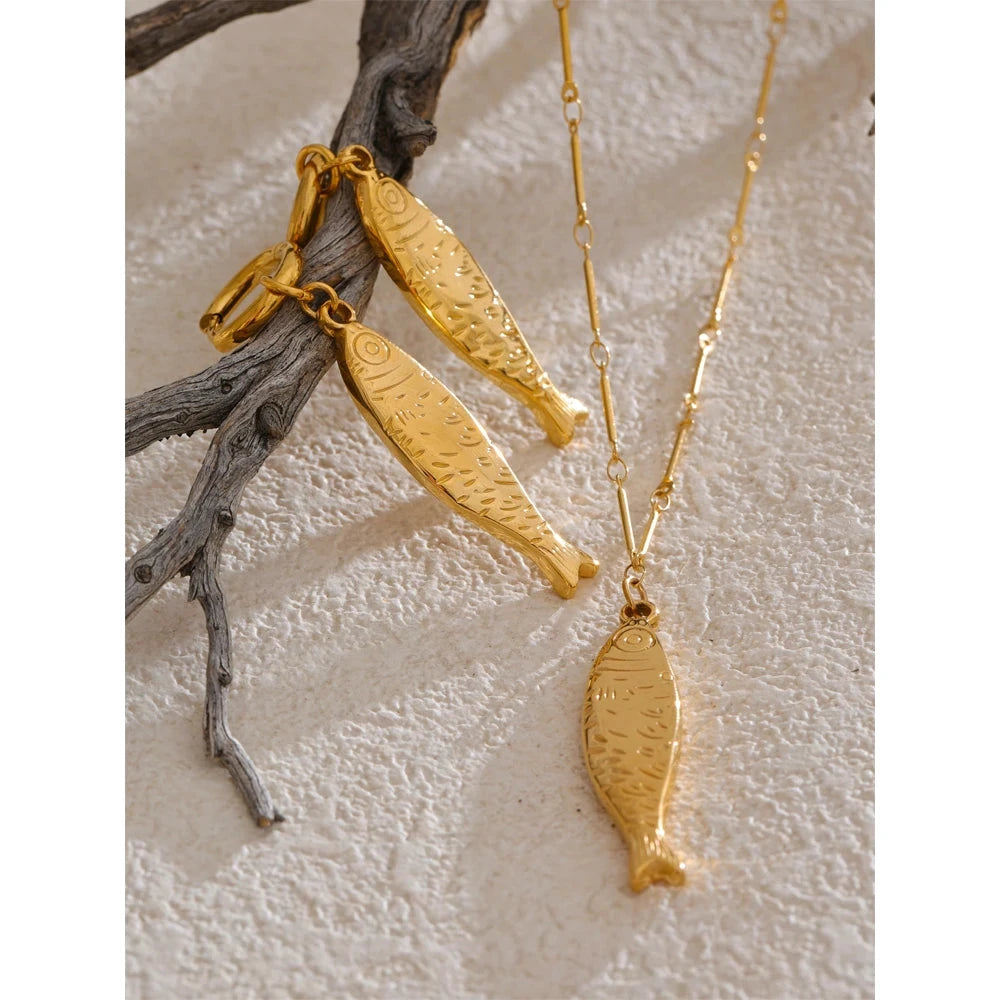 Ocean Stainless Steel Metal Fish Pendant Necklace Earrings Rust Proof Golden PVD Plated Trendy Fashion Jewelry by PoisedMe